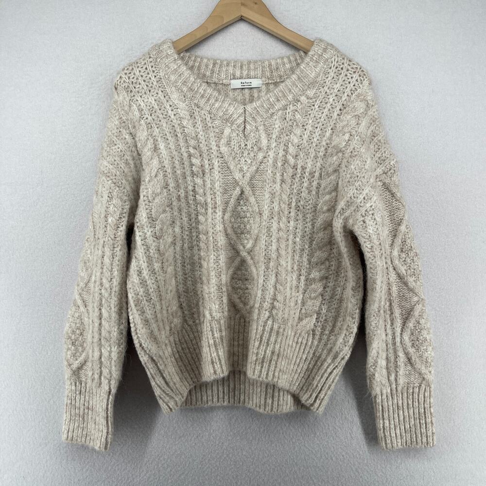 REFORM Sweater Womens S Cable Chunky V-Neck Pullover Jumper Beige